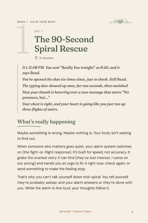 Pages from the workbook: the Day 1 opener, a Your page worksheet and the Spiral Rescue page